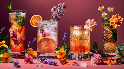 Cocktails on surface with fresh flowers and fruit generative ai - obrazy, fototapety, plakaty