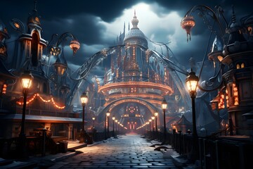 Night city street with lights and lanterns. 3D illustration.