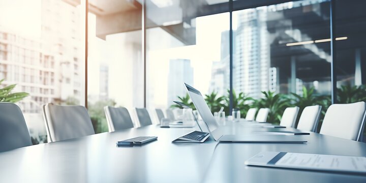 Laptop on table in modern meeting room with city view. 3D Rendering