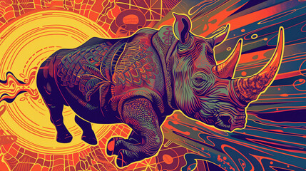 Dynamic Rhinoceros Illustration with Abstract Orange and Blue Patterns