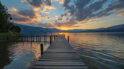 Lake shore reflection bathing raft sky clouds twilight sunrise summer - obrazy, fototapety, plakaty