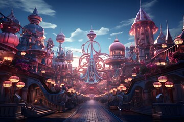 Amusement park in the evening, 3D rendering. Computer digital drawing.