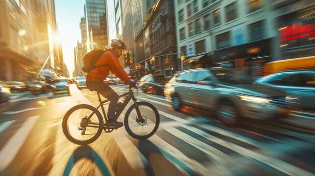 Urban cyclist in rush hour sunlight