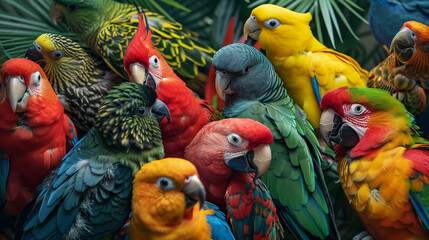 Assorted Tropical Parrots Perched in Lush Greenery - obrazy, fototapety, plakaty