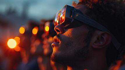 Closeup of group of friends waiting to see the solar eclipse with special glasses. - obrazy, fototapety, plakaty