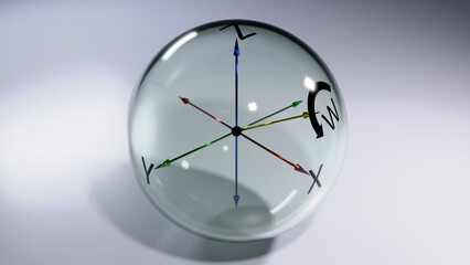 Abstract 3d render of a quaternion represented as a glass sphere with x y z axis values and W angle
