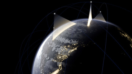 Abstract 3d render of the earth in partial sunlight with multiple satellites scanning its surface.  Orbits of the satellites are also illustrated.