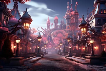 3D illustration of a fantasy street at night with buildings and lanterns
