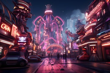 Futuristic city at night with neon lights and people 3d rendering
