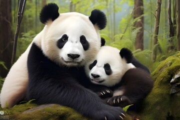Obraz premium Panda Mother and Cub Close-up with White Background