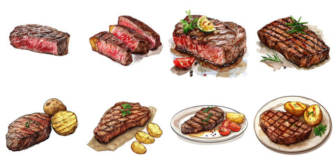 Steak png water color collection in 3d transparent for product presentation.