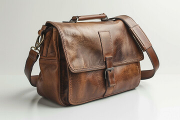 Men's small brown leather bag is on the table. Image on backgroundisolated on solid white background.