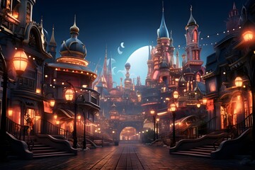 Fantasy night scene with old city and moon. 3D rendering - obrazy, fototapety, plakaty