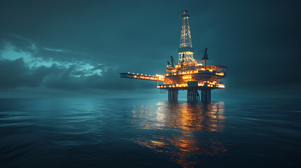 Obraz premium an illuminated offshore oil rig standing in the middle of a calm sea under a dark sky