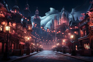 Fairytale city at night with lights and snow. Christmas card