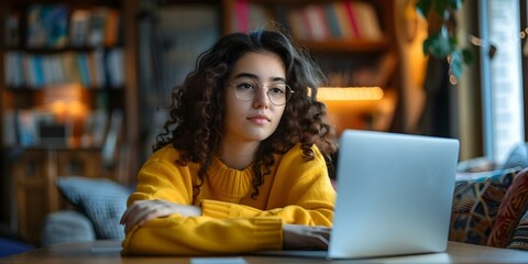 A young woman using a credit card to shop online for a laptop on a table. Concept Online Shopping, Laptop Purchase, Credit Card Transaction, Technology, Shopping Essentials