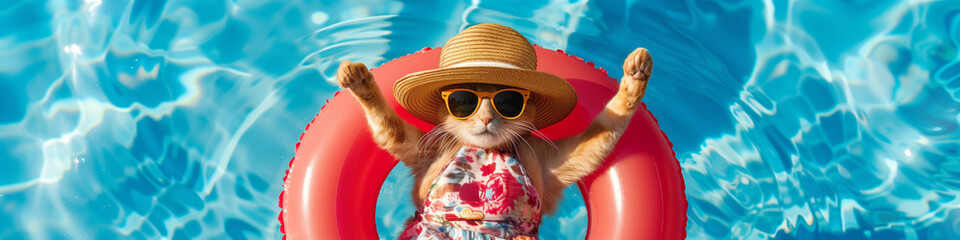 Feline Summer Vibes: Cat Lounging in Pool with Sunglasses and Straw Hat - obrazy, fototapety, plakaty