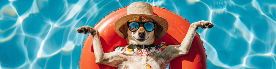 Summer Poolside Pup: Dog Lounging in Sunglasses and Straw Hat - obrazy, fototapety, plakaty