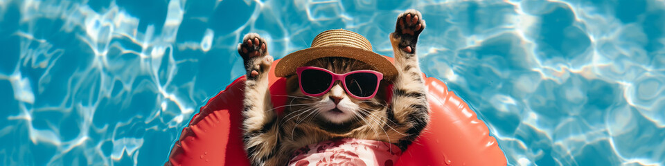 Purr-fect Poolside Vibes: Cat Relaxing in Summer Gear on Inflatable Ring - obrazy, fototapety, plakaty