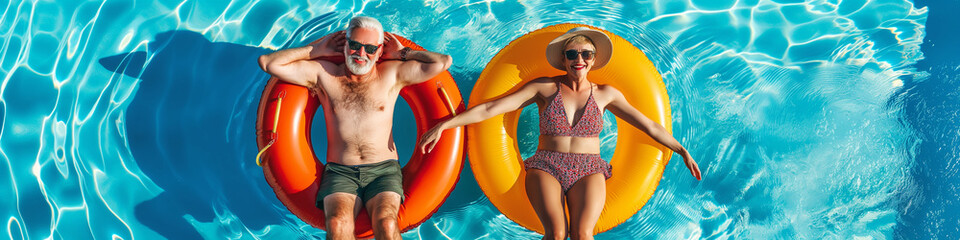 Summer Duo: Senior Couple Relaxing Together in Pool with Sunglasses - Powered by Adobe