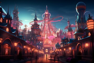 Fantasy illustration of a fantasy city at night. 3D rendering