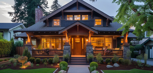 Fototapeta na wymiar Evening angle of a Craftsman house with warm porch lights and a calm neighborhood setting