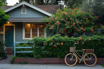 Fototapeta na wymiar Evening Craftsman house beside a vine-covered wall and a vintage bicycle parked nearby