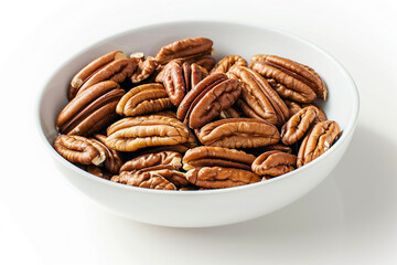 Pecan nuts in bowl on white background. Nutritive foodisolated on solid white background.