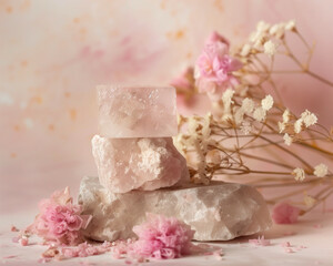 White broken crystals and flowers arranged on a pastel pink background