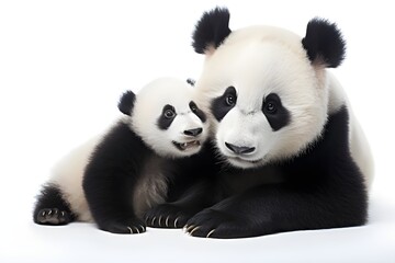 Panda Mother and Cub Close-up with White Background - obrazy, fototapety, plakaty