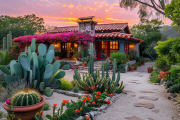Evening Craftsman house in a cactus garden with blooming flowers