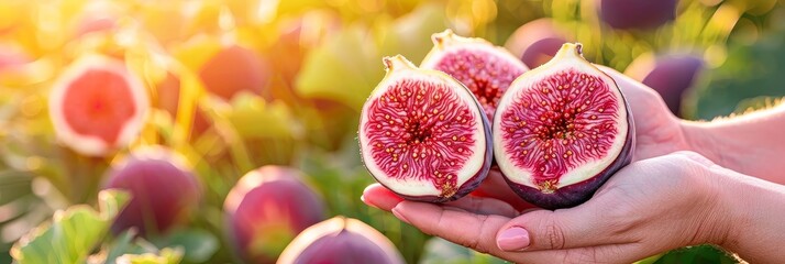 Hand holding ripe fig with selection of figs on blurred background, copy space available