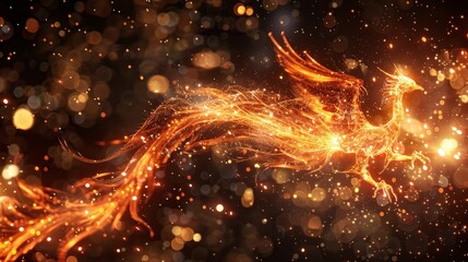 Mythical flaming phoenix bird ignites sparks and flames dramatically in fiery dark background - obrazy, fototapety, plakaty