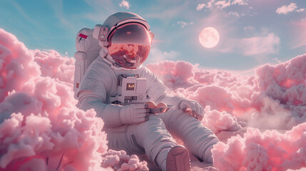 An astronaut on the pink planet eats eggs - obrazy, fototapety, plakaty