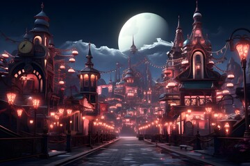 Fantasy city at night with lanterns and moon. 3d rendering