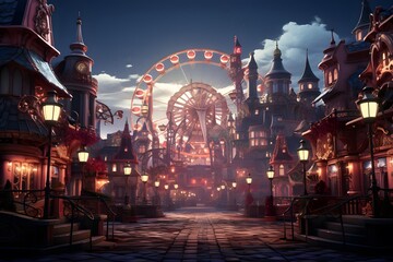Fototapeta na wymiar Amusement park in the night. Panoramic image.