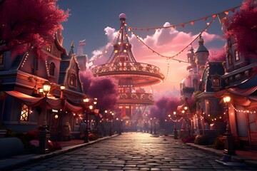 Amusement park in the night. Panorama. 3d rendering - obrazy, fototapety, plakaty