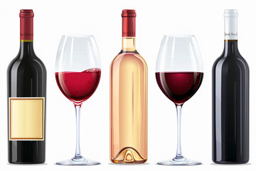 Realistic vector graphic bottles and glasses with wine selections. Red wine, rose, and white wineisolated on solid white background.