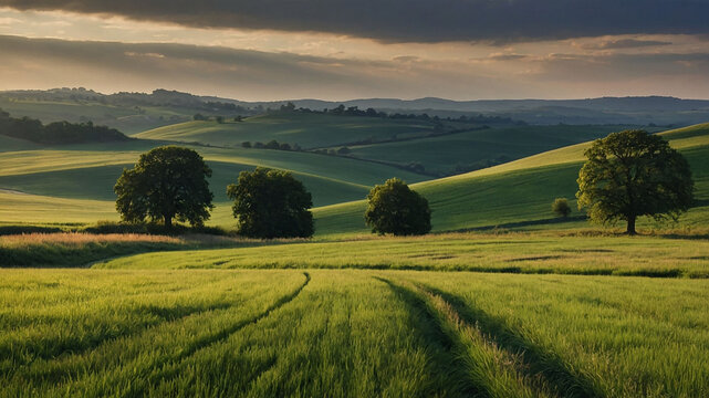 A serene pastoral scene depicting a picturesque countryside, with undulating fields and distant tree lines.
