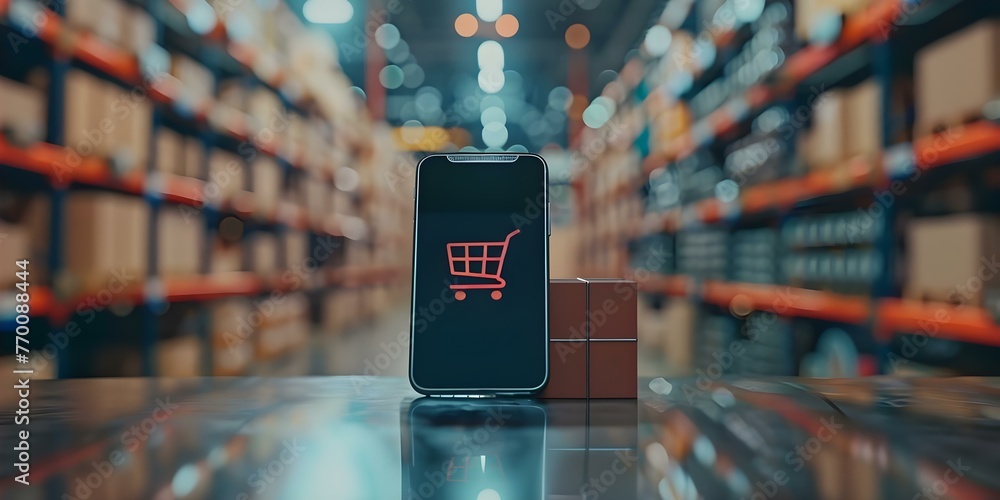 Poster smartphone with shopping cart icon on logistic background symbolizing online shopping and delivery. 
