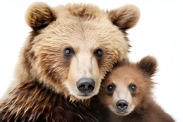 Bear Mother and Cub Close-up on White Background - obrazy, fototapety, plakaty