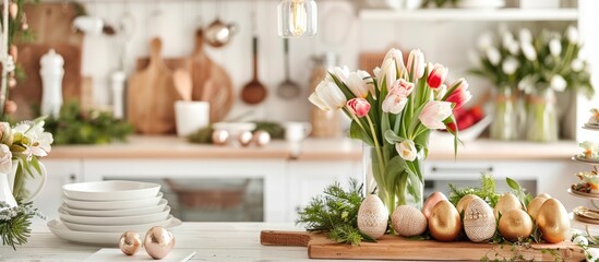 Obraz na płótnie Canvas A display of tulips, Easter decorations, and golden-patterned eggs on a table in a stylish white Scandinavian kitchen. The setting conveys a simple yet elegant message.