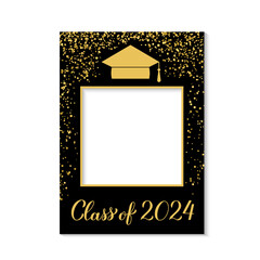 Class of 2024 photo booth frame graduation cap isolated on white. Graduation party photobooth props. Grad celebration selfie frame.  Vector template.