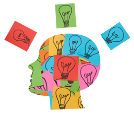 Silhouette of a human head and stickers with drawn electric lamps, search for new ideas and solutions