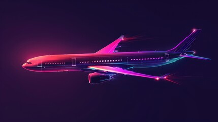 Fototapeta na wymiar Colorful holographic airplane transportation on dark background. AI generated image