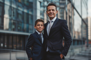 Confident father and son dressed in formal suits stand together against a backdrop of modern city architecture