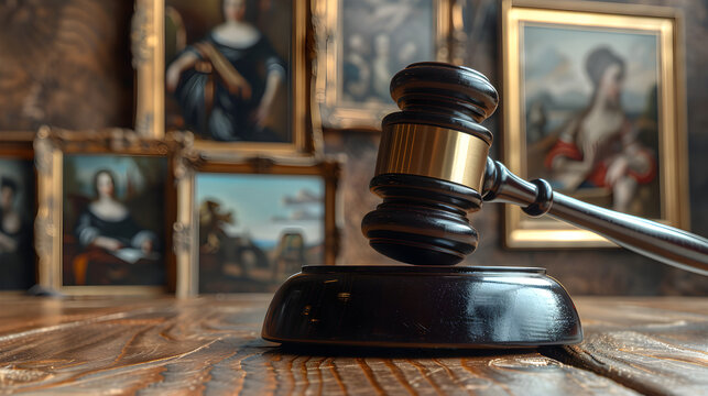 An auctioneer&#039;s gavel striking the stand with high-priced artwork selling in the background, reflecting the world of wealth and high-end auctions