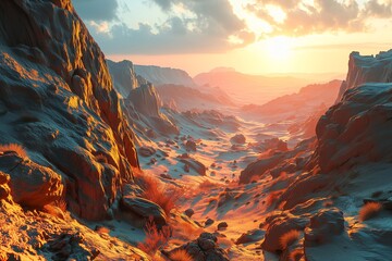 Sunset bathes an alien desert in golden hues, highlighting a rugged landscape as day gives way to dusk