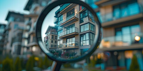 Magnifying glass near residential building symbolizing searching for a new home in the rental housing market. Concept Real Estate, Rental Housing, Searching, Magnifying Glass, Residential Building