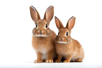 Fototapeta na wymiar Rabbit Mother and Kit Close-up on White Background